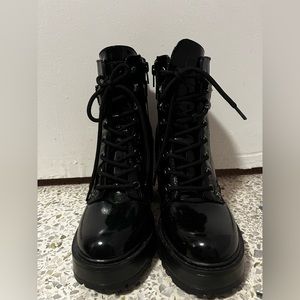 Patent Black leather boots thick platform heel with laces. Only worn once